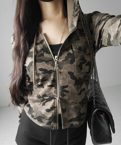 ヴィンテージカモフラダブルジップカットパーカー ／ vintage camouflage double zip cut hoodie