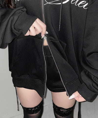 【 セットアップ可能 】レタリングロゴプリントダブルジップビッグパーカー ／ lettering logo print double zip BIG hoodie