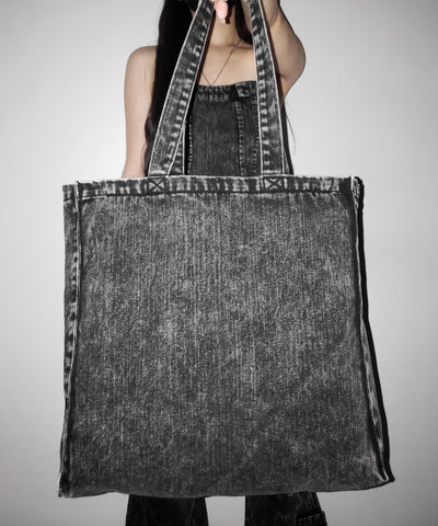 【 ２color 】ヴィンテージケミカルブリーチビッグスクエアデニムトートバッグ ／ vintage chemical bleach big square denim tote bag