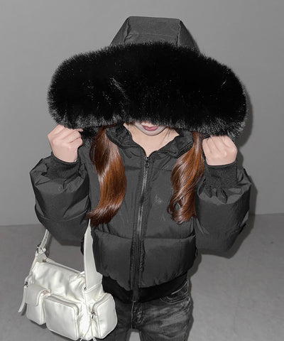 【 フード取り外し可能２ＷＡＹ 】フェイクファーフードショートダウンジャケット ／ 2WAY fake fur hoodie short down jacket