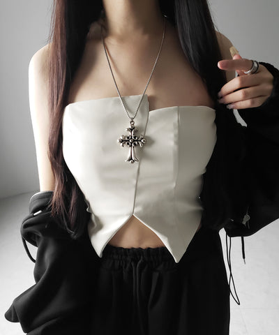 【 ２color 】アシンメトリー切替フェイクレザービスチェ ／ asymmetry switching fake leather bustier