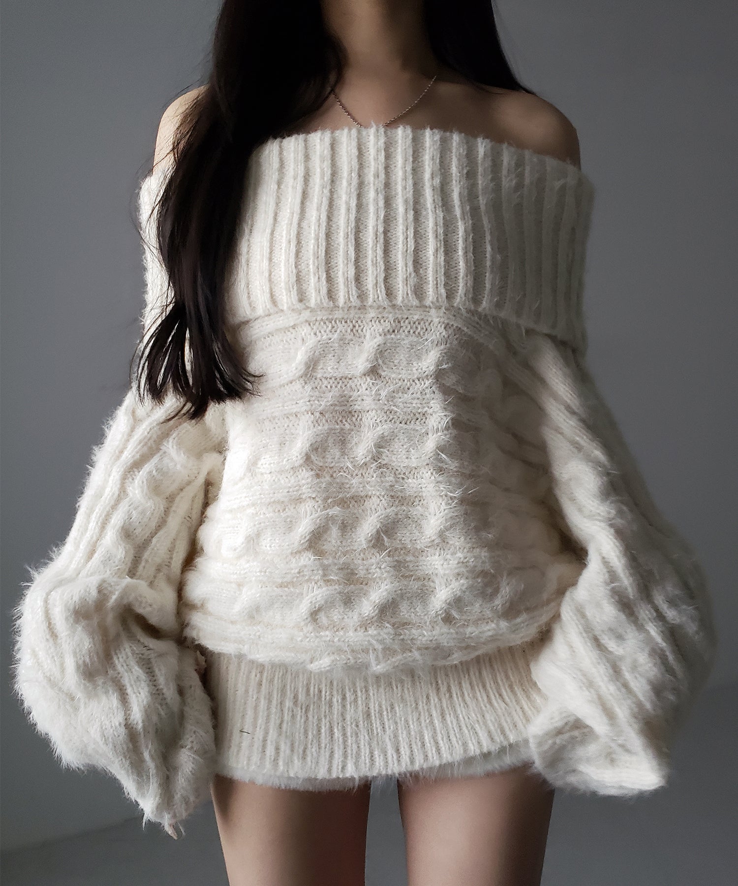 ワイドリブオフショルダーニットミニワンピース ／ wide rib off shoulder knit mini onepiece
