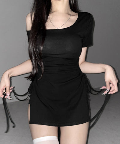 【 セットアップ 】ダブルシャーリングリボンワンショルミニワンピ＋ショートパンツ SET ／ 【 SETUP 】double shirring ribbon one-Shoulder mini onepiece + short pants SET