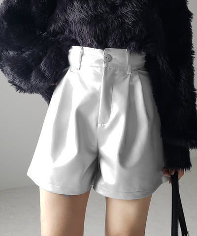 【 3color ／ ５size 】太ベルトハイウエストタックレザーショートパンツ