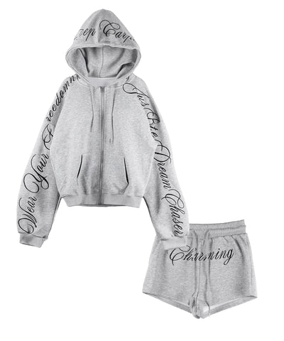 【 セットアップ 】レタリングロゴ刺繍ジップアップパーカー＆ショートパンツ ／ lettering logo embroidery zip-up hoodie ＆ short pants SETUP