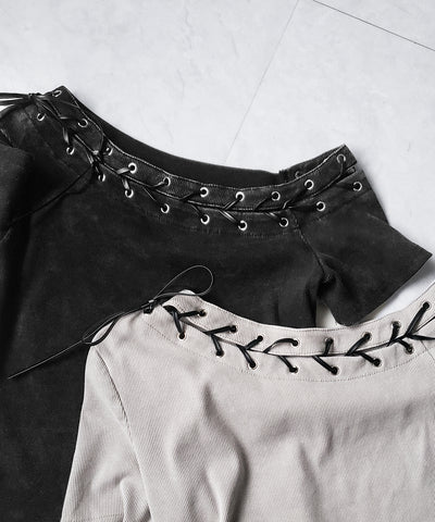 ヴィンテージカットアウトレースアップ半袖ワンショルリブトップス ／ vintage cutout laceup short sleeve one shoulder lib tops