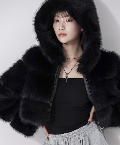 フェイクファーフーディショートコート ／ fake fur hoodie short coat