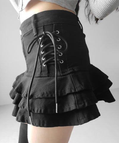 【 インパン裏地付 】レースアップブラックフリルミニスカート ／ laceup black frill mini skirt