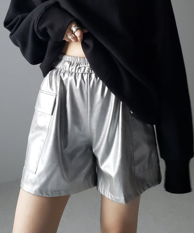 【 ２color ／ ３size 】ドローコードフェイクレザーカーゴショートパンツ