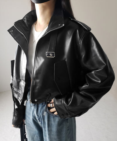 【 ２WAY 】スタンドカラーベルテッドフェイクレザーショートブルゾン ／ stand collar belted fake leather short blouson