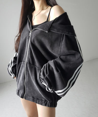 ピグメントヴィンテージ加工サイドラインジップアップパーカー ／ Pigment vintage side line zip-up hoodie