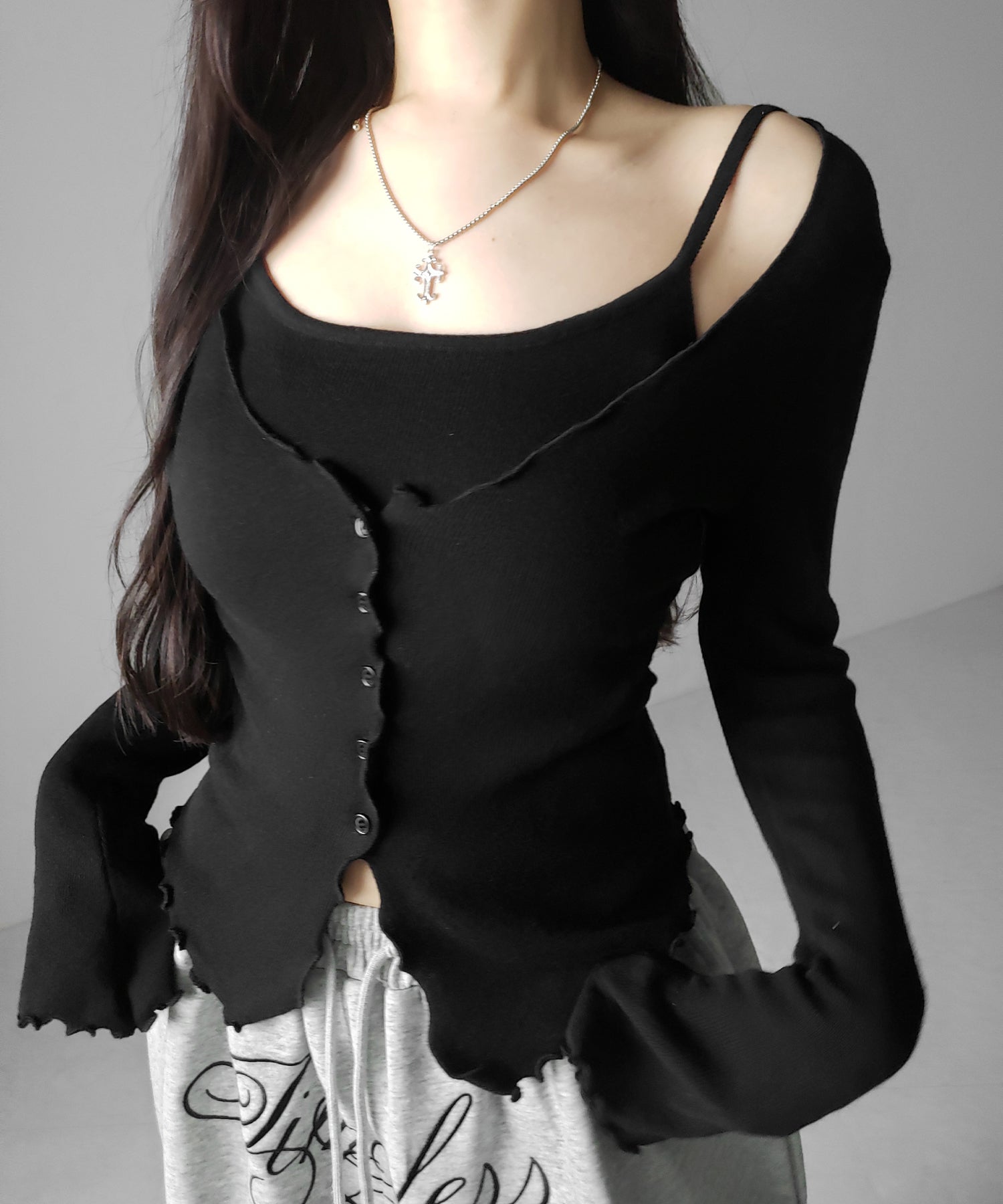 レイヤード風メロースリムニットカーディガン ／ layered mellow slim knit cardigan