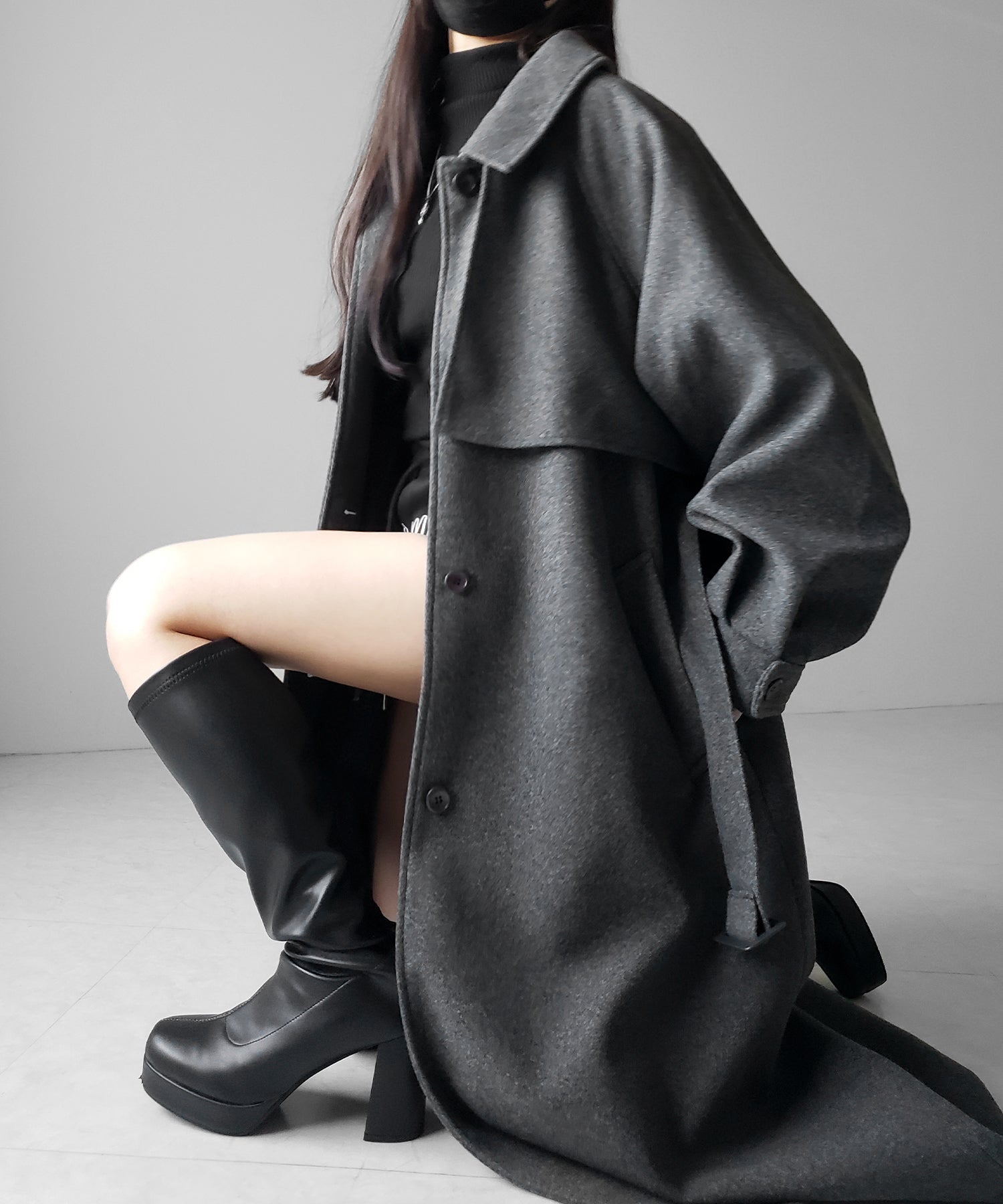 【 ウエストマークベルトSET 】２WAY ステンカラーレディメルトンロングコート ／ ２WAY soutien collar lady melton long coat
