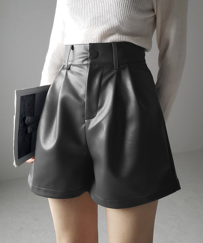【 3color ／ ５size 】太ベルトハイウエストタックレザーショートパンツ
