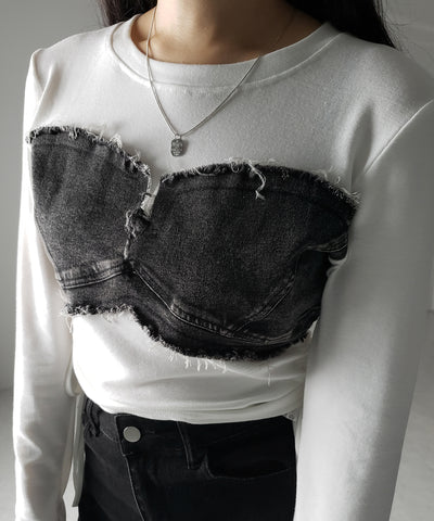 【 ２color 】サイドリボンダメージデニムドッキングＴシャツ ／ side ribbon damage denim docking Tee