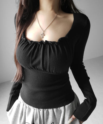 フリルギャザースクエアネック長袖ニットトップス ／ frill gather square neck longsleeve knit tops