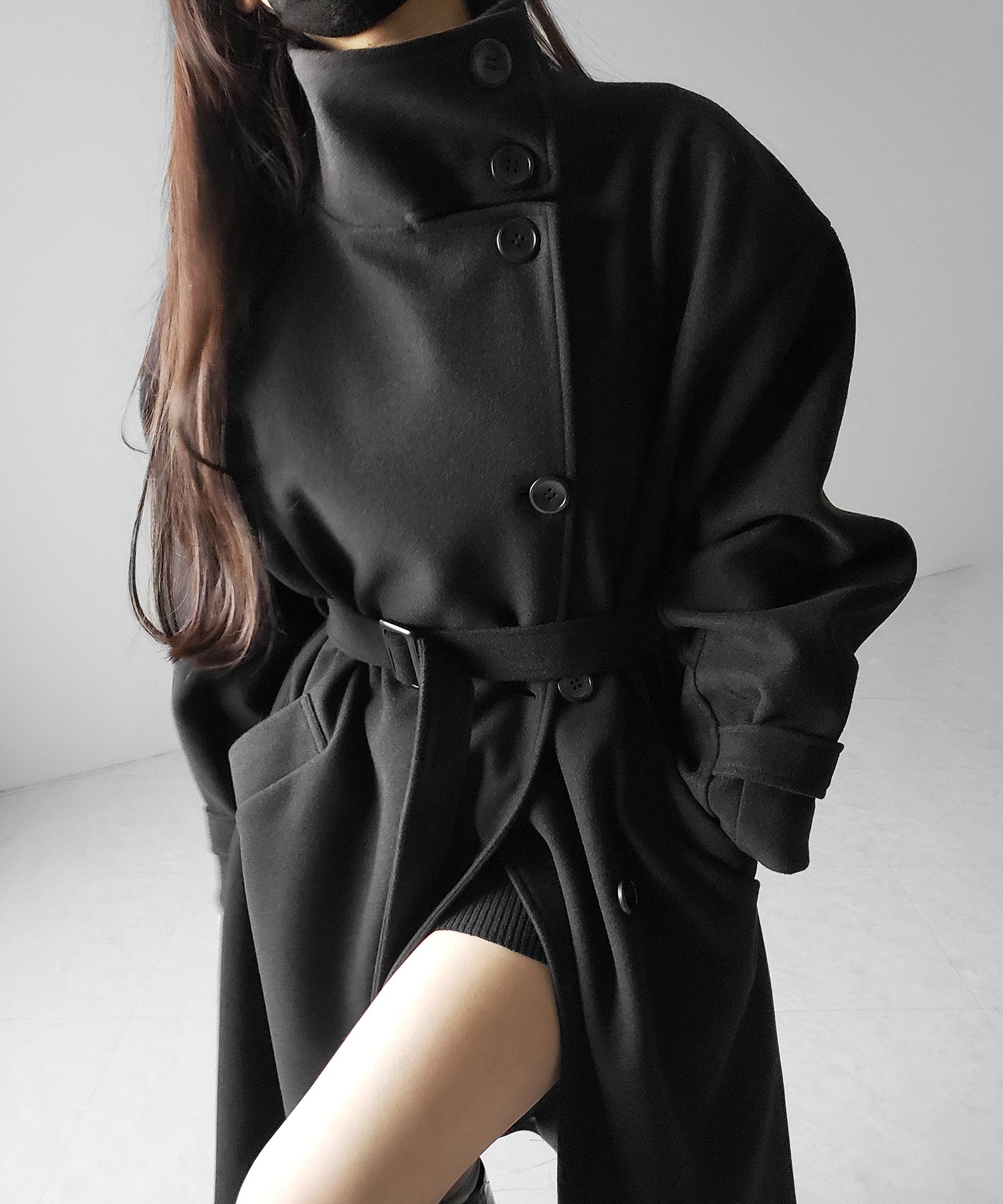 【 ウエストマークベルトSET 】２WAY スタンドカラーレディメルトントレンチロングコート ／ 2WAY stand collar lady melton trench long coat