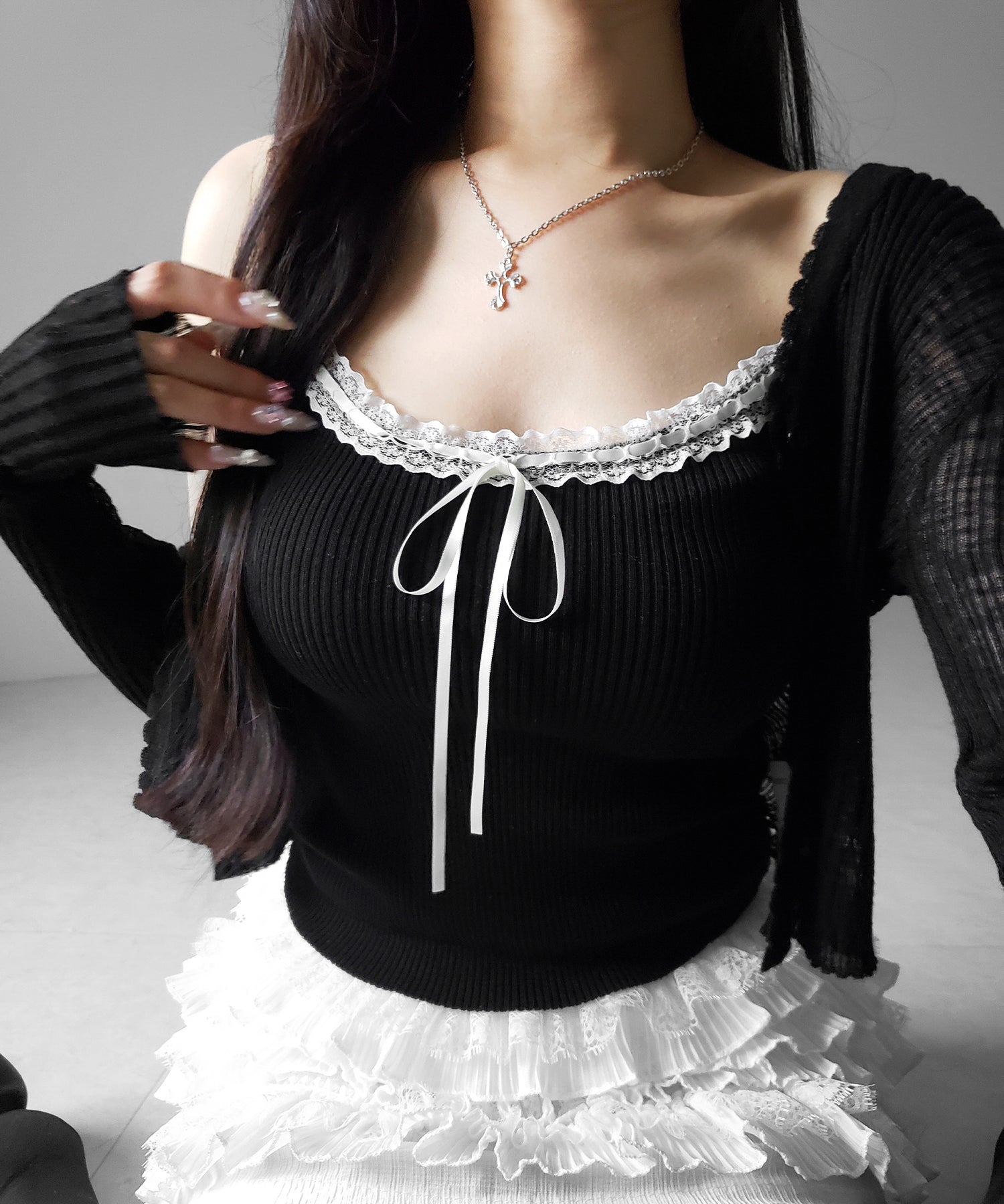 【 ２点セット 】レースリボンニットキャミソール ＋ シアーリブニットカーディガン ／ lace ribbon knit camisole ＋ sheer lib knit cardigan