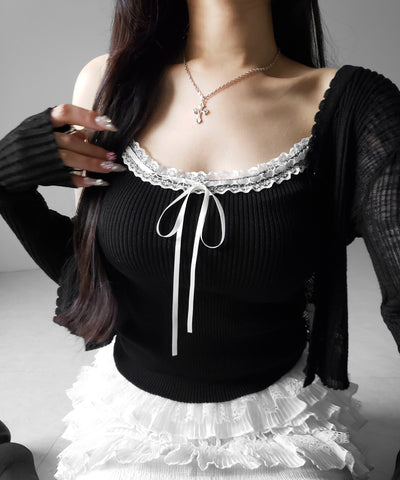 【 ２点セット 】レースリボンニットキャミソール ＋ シアーリブニットカーディガン ／ lace ribbon knit camisole ＋ sheer lib knit cardigan