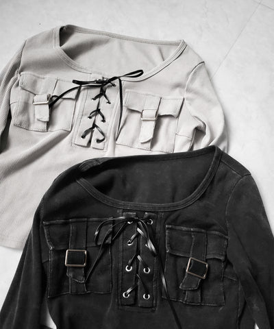 ヴィンテージレースアップアウトポケットスクエアリブロンT ／ vintage laceup outpocket square lib long slleve T-shirts