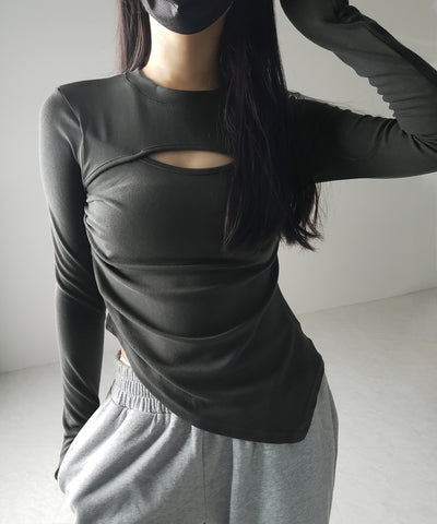 【 ３color 】カットアウトサイドシャーリングアシンメトリートップス ／ cut-out side shirring asymmetry tops