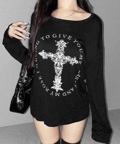 【 ワンショルにできる２ｗａｙ 】クロスロゴプリントワンショルルーズシアーＴシャツ ／ 2WAY cross logo print one shoulder loose sheer T-shirt