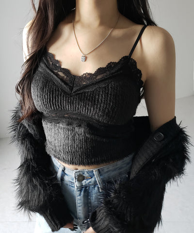 【 カップ付き 】ダブルレースシャギーファーショートビスチェキャミソール ／ double lace shaggy fur short bustier camisole