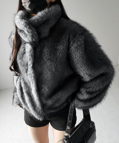 スタンドカラーミックスファーショートコート ／ stand-collar mix fur short coat