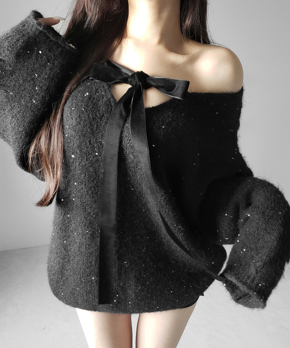 【 好評につき新色追加！／２WAY 】ベロアリボンスパングルオーバーニット ／ velor ribbon spangle over knit
