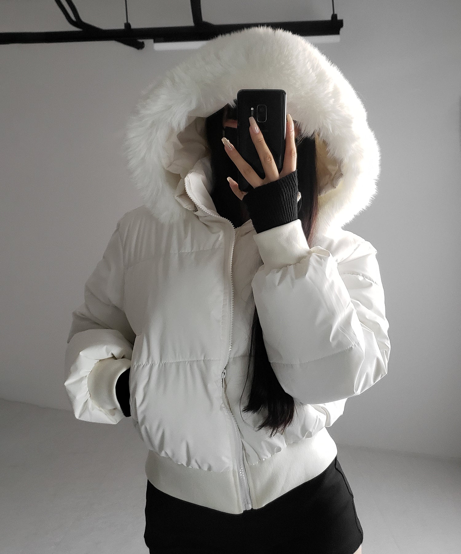 【 フード取り外し可能２ＷＡＹ 】フェイクファーフードショートダウンジャケット ／ 2WAY fake fur hoodie short down jacket