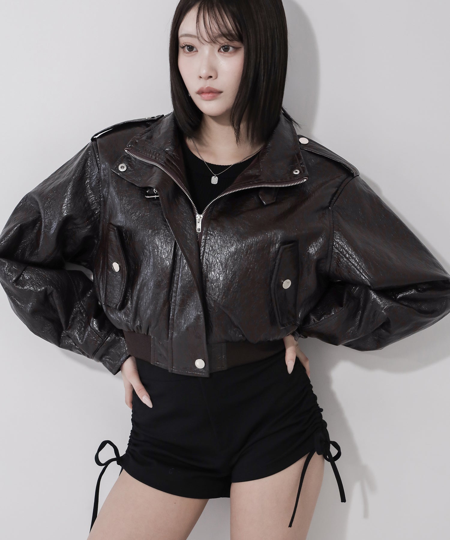 ジャケット・アウター vintage black leather short jacket ヴィンテージ加工ベルテッドショートレザージャケット ／ vintage fake