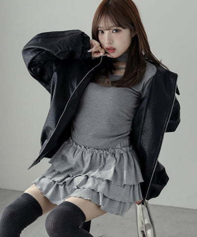 【 ２color 】バックリボン刺繍ヴィンテージライクフェイクレザーブルゾン ／ back ribbon vintage like fake leather blouson