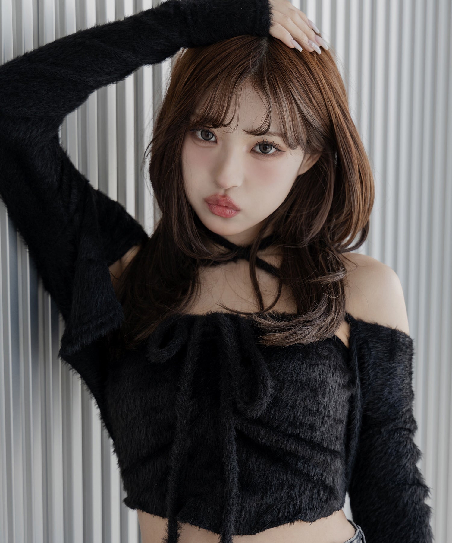 【 ２点セット 】シャギーリボンベアトップス ＆ ショートシャギーカーディガン SET ／ Shaggy ribbon bare tops & short shaggy cardigan