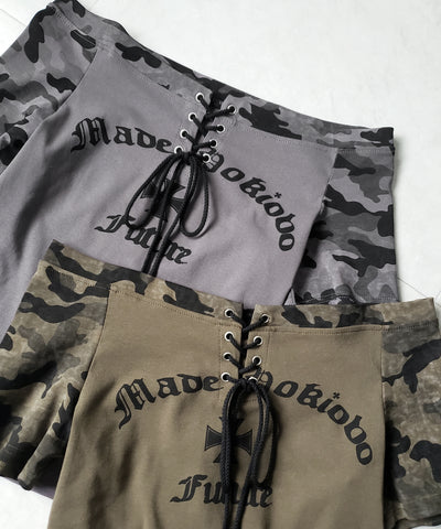 半袖ヴィンテージカモフラロゴオフショルTシャツ ／ short sleeve vintage camouflage logo off-shoulderT-shirt