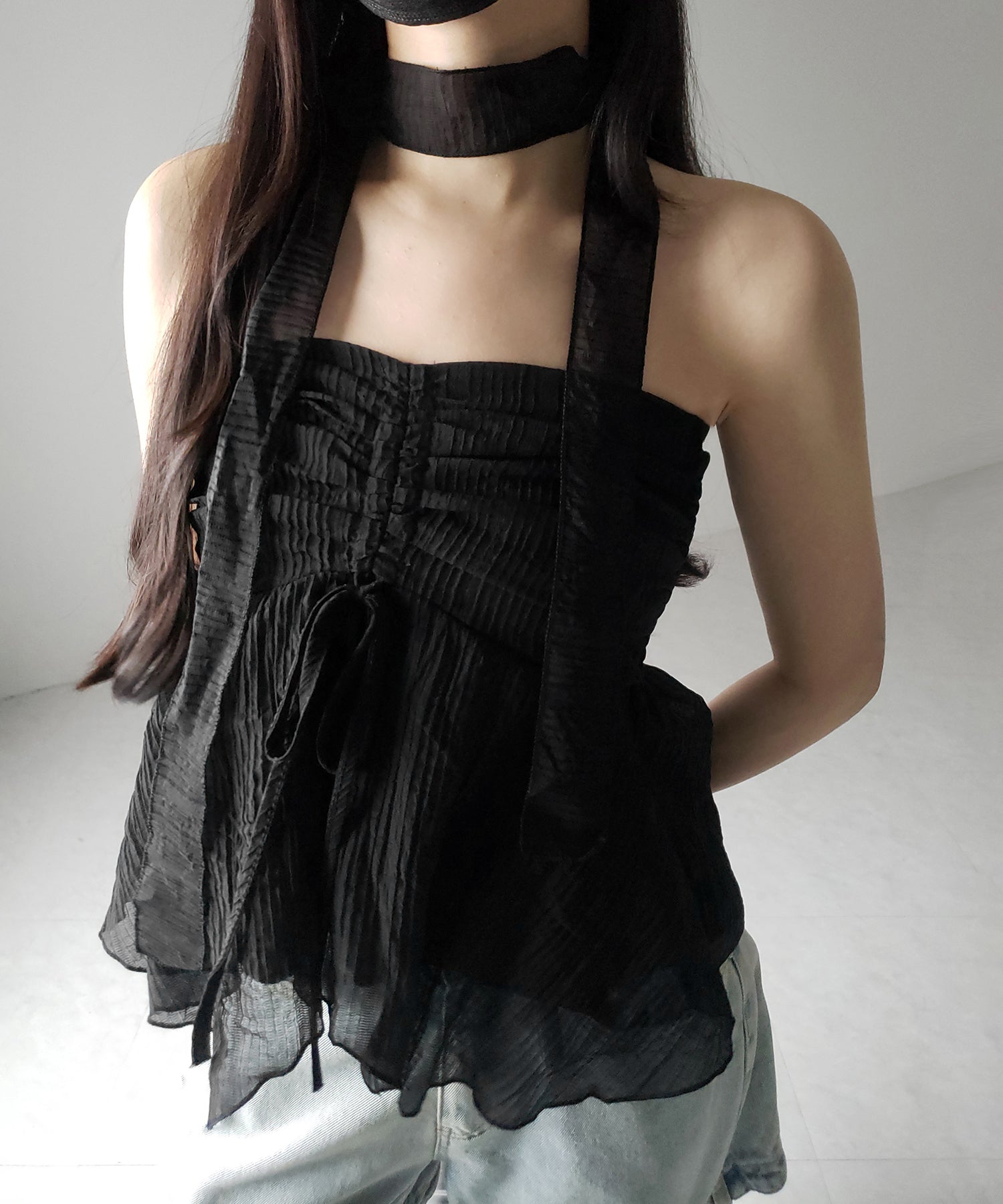 【 チョーカータイ付 】シャーリングリボンペプラムシフォンビスチェトップス ／ choker tie set shirring ribbon peplum chiffon bustier tops