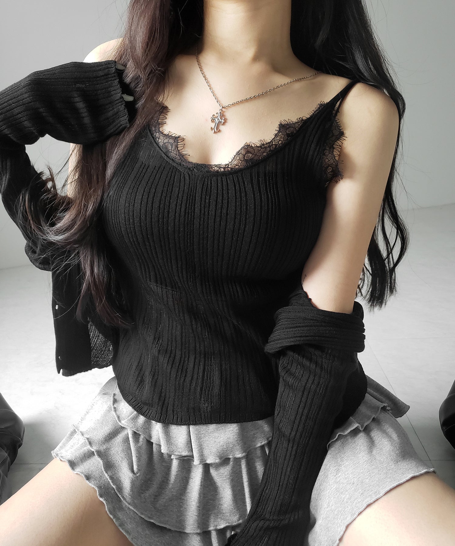【 ２点セット 】レースニットキャミソール ＋ シアーニットカーディガン SET ／ lace knit camisole + sheer knit cardigan SET