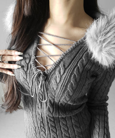 ファーフーディレースアップレディニットミニワンピース ／ fur hoodie lace up lady knit mini onepiece