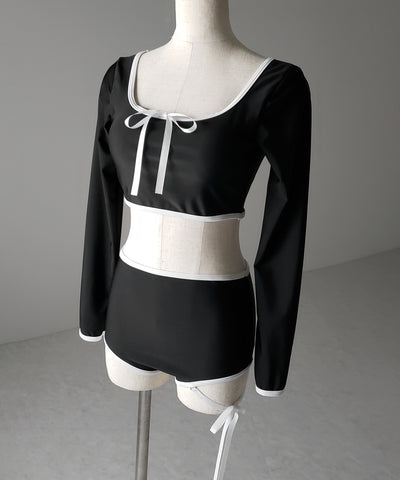 【 レディース水着／２点セット 】フロントリボンモノトーンハイウエストビキニ ／ front ribbon monotone high waist bikini
