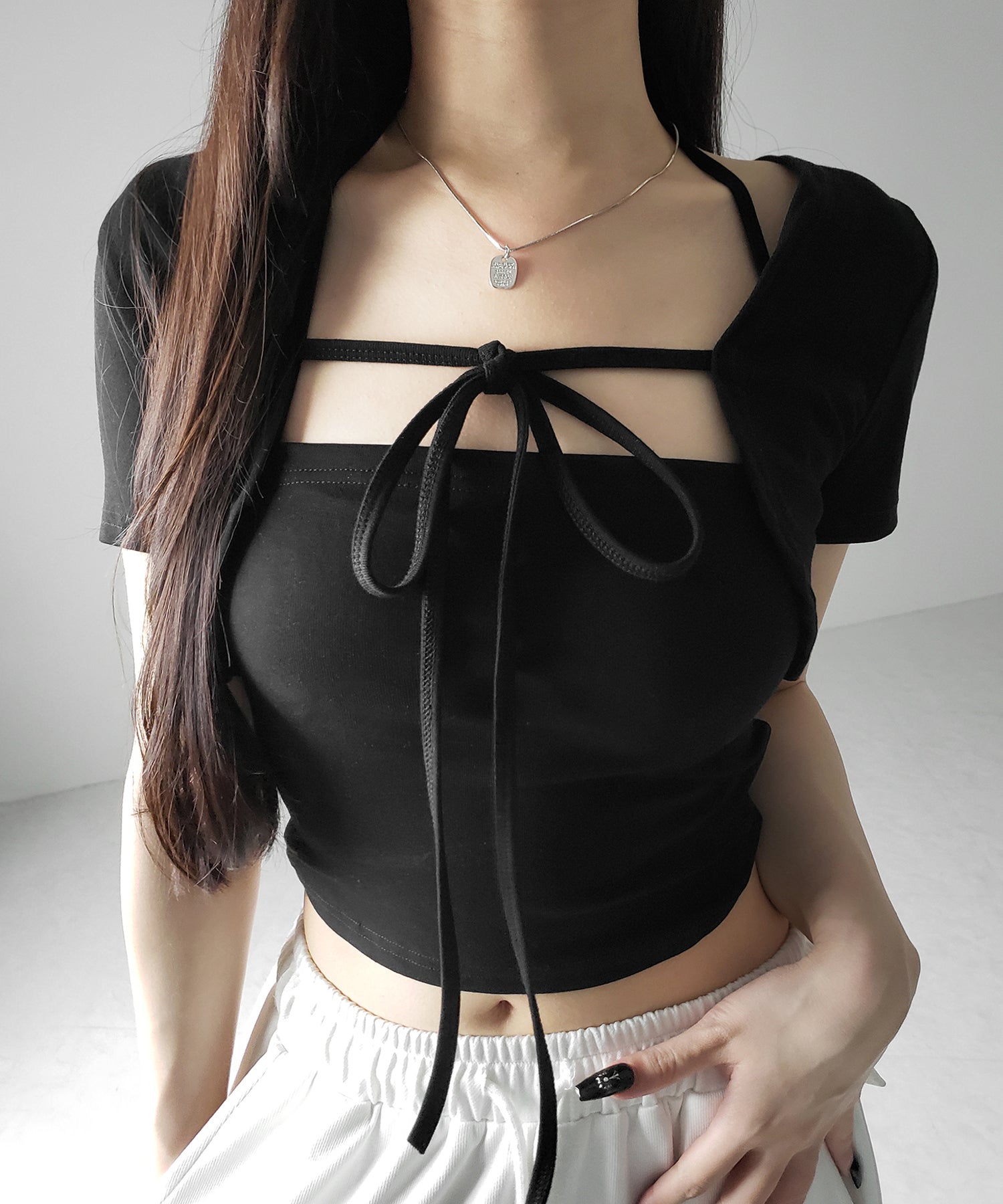 【 ２点セット 】フロントリボンショートカーディガン＋ ホルターキャミソール SET ／ front ribbon short cardigan + halter camisole SET
