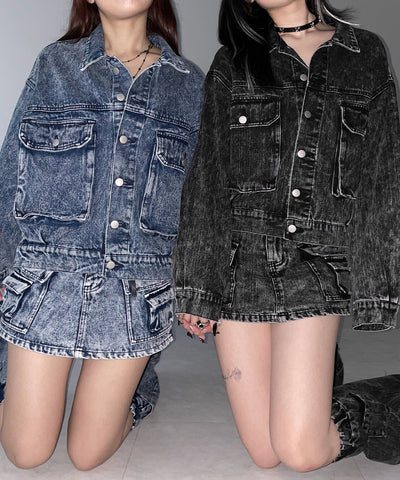 【 デニムセットアップ着用可能 】ヴィンテージケミカルブリーチカーゴデニムミニスカパン ／ vintage chemical bleach cargo denim mini skirt pants