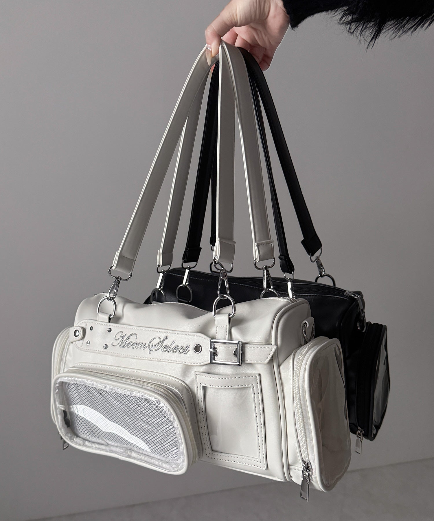 クリアポケット付きレタリング刺繍ショルダーバッグ ／ clear pocket lettering embroidery shoulder bag