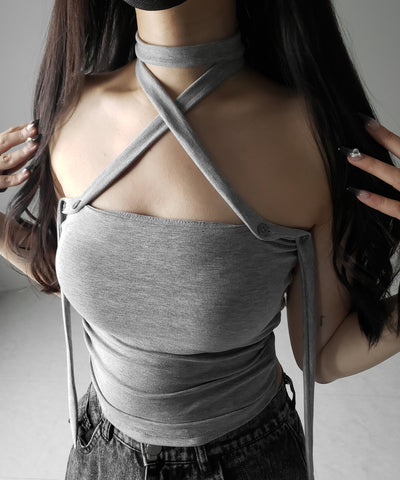 【 ３color ／ カップ付 】ロングチョーカークロスネックキャミソール ／ long choker cross neck camisole