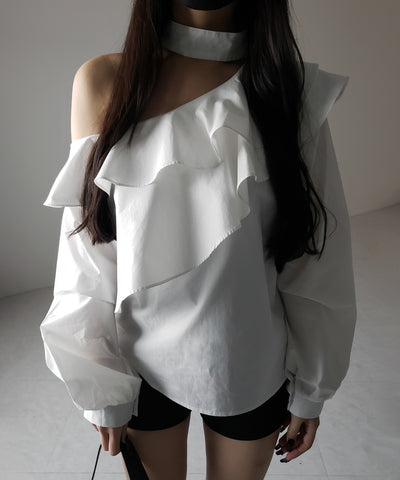 【 ２color 】チョーカーフリルワンショルダーブラウス ／ choker frill one shoulder blouse