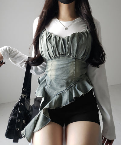 【 ２点セット 】ヴィンテージデニムビスチェ ＆ レイヤードＴシャツセット ／ vintage denim bustier & layered Ｔ-shirts set