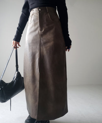 【 ３color ／ ３size 】フロントスリットヴィンテージフェイクレザースカート