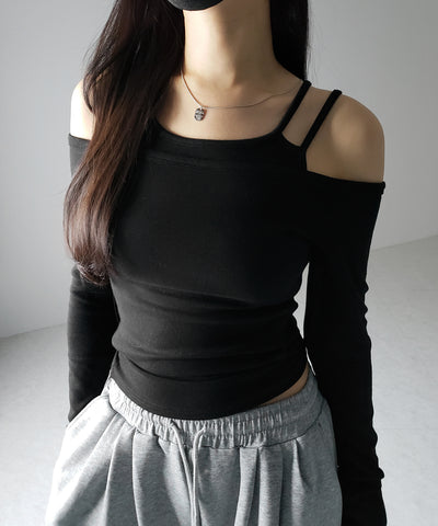 【 ２color 】レイヤードダブルストラップオフショルトップス ／ layerd double strap off shoulder tops