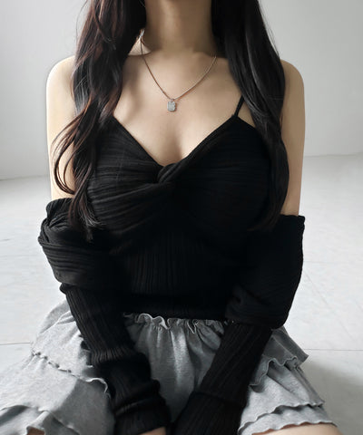 【 2点セット 】ツイストリブニットキャミソール ＋シアーリブショートカーディガン SET ／ twisted rib knit camisole + sheer rib short cardigan SET