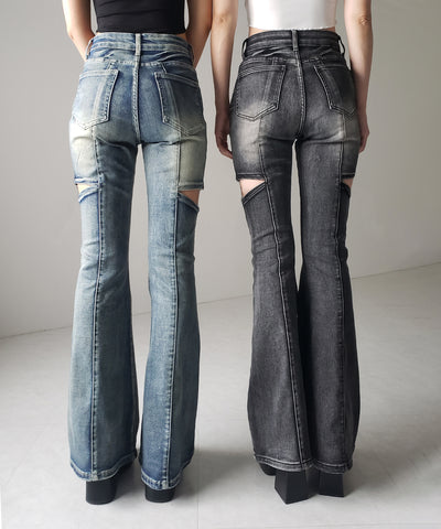 【 ２color ／ ３size 】カットアウトヴィンテージストレッチフレアデニム ／ cutout vintage stretch flare denim