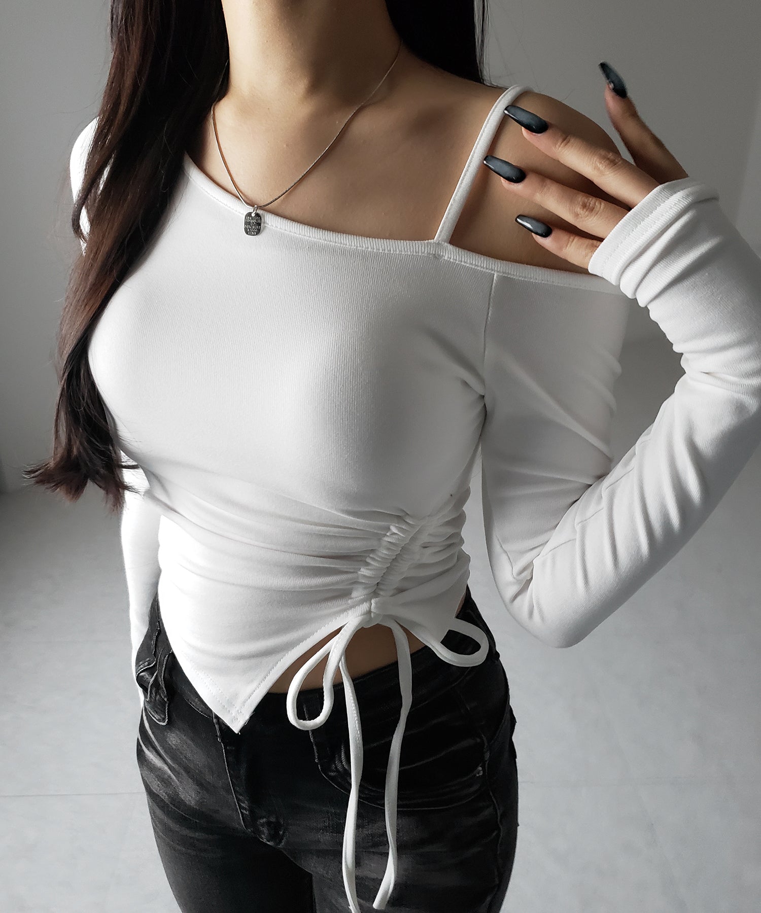 【 裏起毛 ／ カップ付 】サイドシャーリングリボンワンショルトップス ／ side shirring ribbon one shoulder tops