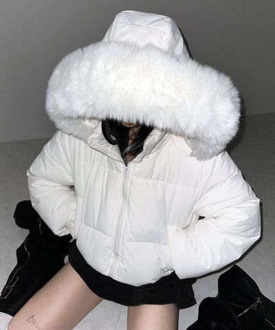 【 フード取り外し可能２ＷＡＹ 】フェイクファーフードショートダウンジャケット ／ 2WAY fake fur hoodie short down jacket